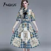 Summer Fall Casual Dress Women Vintage A-Line Long Half Sleeve Single Breasted Slim Print Party es Vestidos de festa 210520