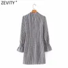 Kvinnor Vintage Ruffles O Neck Plaid Print Elastisk Mini Klänning Chic Kvinna Puff Sleeve Casual Slim Vestido DS5011 210416