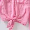 Kobiety Patch Pocket Hem Lace Up Różowy Krótka Koszula Kobieta Z Długim Rękawem Bluzka Casual Los Loose Tops Blusas S8795 210430