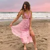 Robe de plage de fête rose teintée sexy dos nu été longue sans manches côté fente robe d'été à lacets vacances 210427