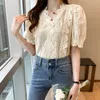 Coreano Chic Crochet Rendas Chiffon Blusa Mulheres Verão Vintage Curto Buff Manga Feminina Camisa V-Pescoço Sorrido Sorridos Tops 210515