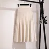 Tricoté Midi plissé jupe femmes pour automne hiver coréen dames taille haute blanc noir femme 210421