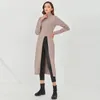 Beige Slim Knitting Pullovers For Women Turtleneck Long Sleeve Front Slit Sweater Female Fall Clothing 210524