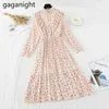 Gaganightファッション日本の柔らかい花のピアル柄の堅いドレス夏の女性のフリルの襟スリムシフォンのフリルVestidos 210519