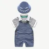 Noworodek Baby Striped Romper Odzież Odzież 100% Bawełna Lato Z Hat Bob Spodnie Chłopiec Outfit