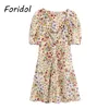 Blomstryck Boho Sommarklänning Kvinnor Puff Sleeve Vintage Beach Short Dress Button Up Ruched Cute Dress 210415