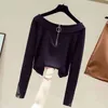 Wwenn Sexy Slash Neck Off Shoulder Women Tops Långärmad T-shirt Kvinna Slim Solid Tjejer Diamanter Zipper White Shirts 210507