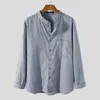 Man Casual Buttons Camisa INCERUN Hommes Loisirs Rayé Chemise À Manches Longues Col Montant Blouse Printemps Poches Chemise Masculina 5XL Men's Shirt