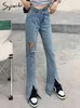 Syiwidii Irregular Ripped Jeans for Women Flare Pants Plus Size Wide Leg High Waist Clothing Bell Bottoms Denim Joggers 210417