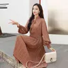 Kadın Şifon Elbise Vintage Baskılı Uzun Kollu Elastik Bel A-Line Rahat Pileli Kadın Vestidos İlkbahar Yaz 210423