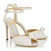 Élégante Mariée Robe De Mariée Chaussures Saracria Perles Sandales Perles Blanches Agrémentées Sexy Nice Talons Hauts Cheville StrapFemmes Pompes EU35-42 AVEC BOÎTE