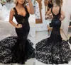 2022 Sparkly preto rendas vestidos de noite elegante mulheres formal espaguete applique correias frisadas abertas trombeta de trombeta sereia vestido de baile festa feminina