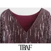 Women Chic Fashion With Fringing Sequinned Mini Dress Vintage Back Low-cut Long Sleeve Female Dresses Vestidos 210507