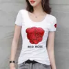 Wwenn Letnie Koreańskie ubrania bawełniane koszulki czerwone róża diamenty przezroczyste damskie topy koszula z krótkim rękawem elastyczne trójniki 210507