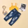 Wholesale летние дети девушки 2 шт. Устанавливает твердое цветовое жилет топ + джинсовые брюки детские наряды E3018 210610