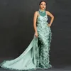 Feather Mint Green Mermaid Prom Dresses Lace Appliques Flower Evening Dress Custom Made Long Sleeves Detachable Train Party Gown