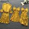 Neploe Femmes Pyjamas Ensembles Dames Sexy Satin Dentelle Vêtements De Nuit 4 Pièces Robe Robe Chemise De Nuit Pyjama Lounge Pijama 210423