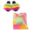 Casual Women Luxurious Fluffy Fur Slides Jelly Bag Fashion Lovely Furry Fur Slippers Match Purse Set Furry Fur Beach Flip Flops H0914