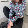 Gaganight Coreano Stile Primavera Stampa Floreale Donna O-Collo Camicie Ins Slim Basic Top Moda Regular Manica Lunga Office Lady 210519