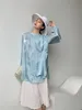 Aqua Blue Satin Långärmad Blus Kvinnor Ruched Top Asymmetriska Ladies Glitter Korean Fashion Clothing 210427