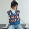 Preppy Style Kamizelka Kobiety Dzianiny Argyle Sweter Kamizelka Bez Rękawów Plaid Kamizelka Jesień Krótki Outwear Chalecos Para Mujer 210817