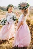 2021 Bohemian Boho Flower Girls Abiti separa 2 pezzi maniche corte pizzo rustico abiti da prima comunione per bambini piccoli neonato bambino compleanno pavimento-lunghezza