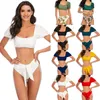 Conjunto sexy feminino linha decote manga bufante cintura alta gravata biquíni split maiô senhora roupa de banho de três pontos feminino biquíni menina verão swimmi zl0498