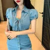 Blue Turn Down Collar Button Short Sleeve Mini Denim Dress Solid Summer Women Female D1802 210514