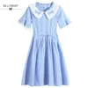 Mori Girl Fofo Kawaii Vestido Listrado Verão Estilo Preppy Moda Deesses Peter Pan Gola Flare Manga Casual Doce Renda Babados 210520