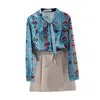 Весна осень женская блузка геометрический рисунок печать бантом рубашка корейский стиль тонкий с длинным рукавом женские топы GX314 210507