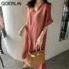 Minimalistisk koreansk djup v-nacke lös oregelbunden linne Klänning Sommar Kortärmad Grå Svart Oversize Long Maxi 210601