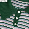Zevity Kobiety Vintage Kolor Dopasowywanie Paski Szydełkowe Knitting Sweter Panie Krótki Rękaw Diament Przycisk Swetry Topy SW829 210603