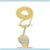 Colliers Pendentifs Bijoux De Luxe Plein Glacé Strass Moyen Doigt Main Pendentif Avec 1 Rangée De Tennis Chaîne Et 6 Mm Corde Collier Hommes Dr