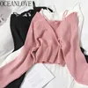 Mulher Suéters Solid Spring v Neck Fake 2 Pcs Curto Coreano Curto Vintage Slim Pull Feminant Tops Elegant 210415