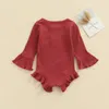 Vår Höst Baby Girl Romper Fashion Solid Color Ruffle Långärmade Snören Ribbed Ribbled Methers With Bowknot