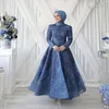 Élégant arabe Aso Ebi bleu marine robes de bal 2022 manches longues dentelle appliques formelle Mulsim robe de soirée perlée longueur cheville