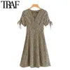 TRAF女性シックなファッションフローラルプリントミニドレスヴィンテージvネックレースアップスリーブサイドジッパーメスドレスベスティドス210415
