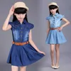 New 2021 Children Kids Denim Cowboy Dress For Teens Girls Summer Dress Vestidos Clothes 4 5 6 7 8 9 10 11 12 14 15 Years Old Q0716