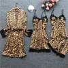 여성을위한 Qweek 실크 잠옷 Pijama Mujer Leopard Pajama는 여성 여름 레이스 섹시한 란제리 잠옷을 가슴 패드 210330으로 설정합니다.