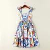 summer Runway Boho Dres's Bow Spaghetti Strap Backless Blue and White Porcelain Floral Print Knee-Length 210531