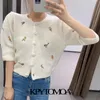 Women Fashion With Embroidery Cropped Knitted Cardigan Sweater Vintage Puff Sleeve Female Outerwear Chic Tops 210416