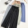 LY Varey Lin Summer Women Casual elastyczna talia szerokie spodnie nóg luźne kobiety wysoki łuk stały kolor kostki-długość 210526