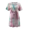 Moda solta camiseta vestidos mulheres primavera verão casual tie tintura botão de impressão para cima o pescoço de manga curta mini vestido senhoras 210526