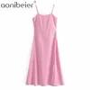 Elegancka Różowa Satin Party Dress Summer Fashion Split Side Spaghetti Pasek Kobiety Casual Midi Camisole Kobieta Granatowa 210604