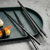 Chopsticks 5 Pairs Alloy Black + Silver Metal Sticks Circular Chinese Tableware U3Z0