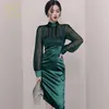 Parti Elbiseleri H HAN Rainha Outono Perspectiva Feminina Coreana Şifon Ekleme Lápis Vestidos Nova Ocupação Vestido Elegante Simples Festa