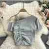 Kort Top Kvinnors Design Minoritet One Side Off Shoulder Sling Drawstring Pläterad Sexig Open Navel Versatile Sleeve T-shirt