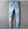 Men's Male Casual Man Neon Yellow Color Lines Patchwork Ripped Jeans Fashion Holes Destroyed Denim Stretch Pants Trousers3106
