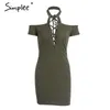 Sexy halter lace up bodycon Women cold shoulder hollow out short Autumn winter knitted black dress vestido 210414