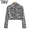 TRAF femmes mode zèbre imprimé recadrée Blazer manteau Vintage à manches longues motif Animal vêtements d'extérieur pour femmes Chic hauts 210415